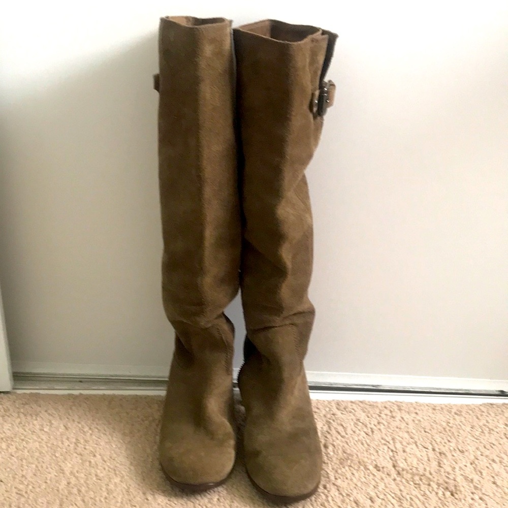 MICHAEL Michael Kors Brown Suede Knee-High Buckle Heeled Boots